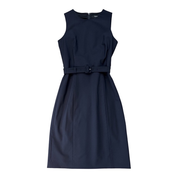 Theory "Vaille B" Belted Sheath Dress - Navy Blue Size 0 - Picture 3 of 10